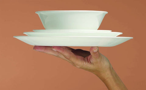 Corelle Winter Frost White 32cm serving platter stacked for space-saving storage