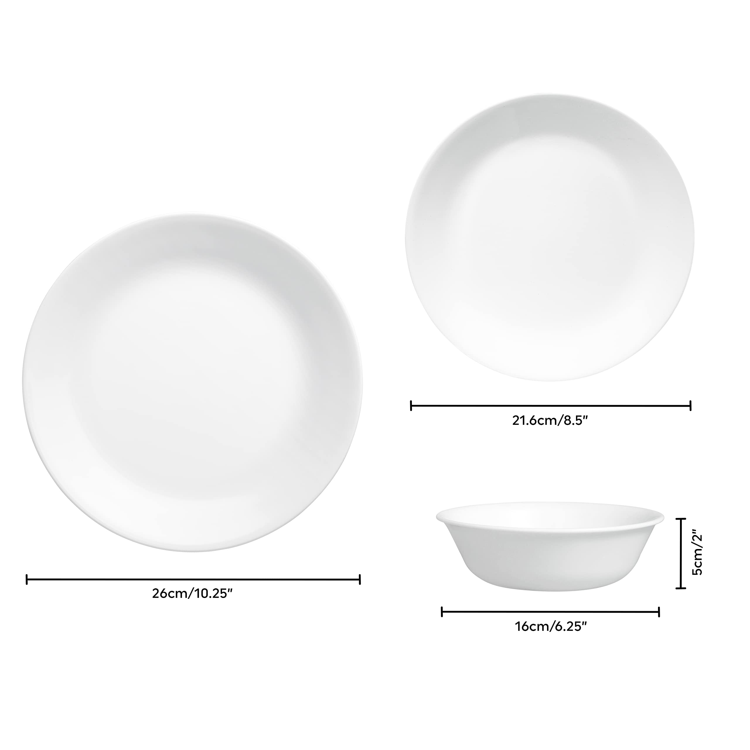 Corelle Winter Frost White side plate 21-6cm, lightweight and stackable for compact storage.
