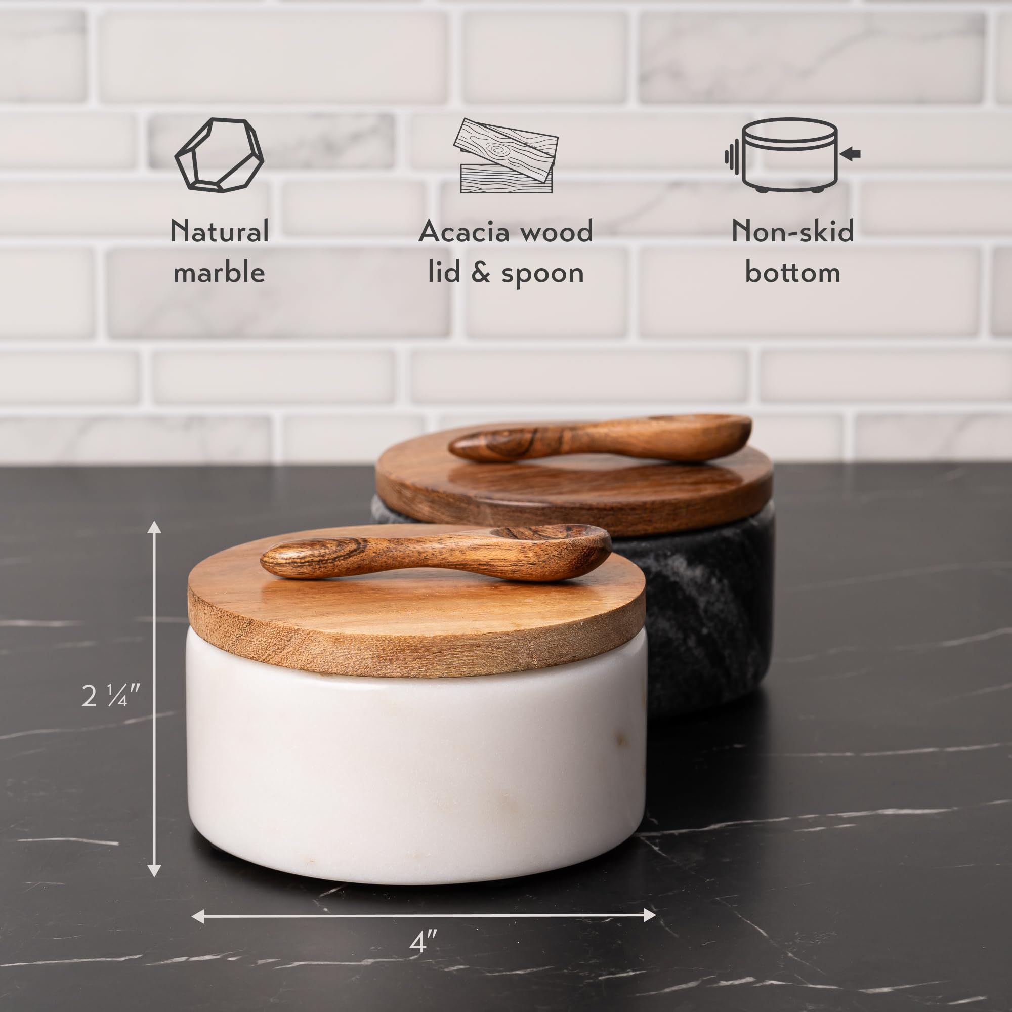 Cork & Mill marble bowls on counter with non-skid base for stability