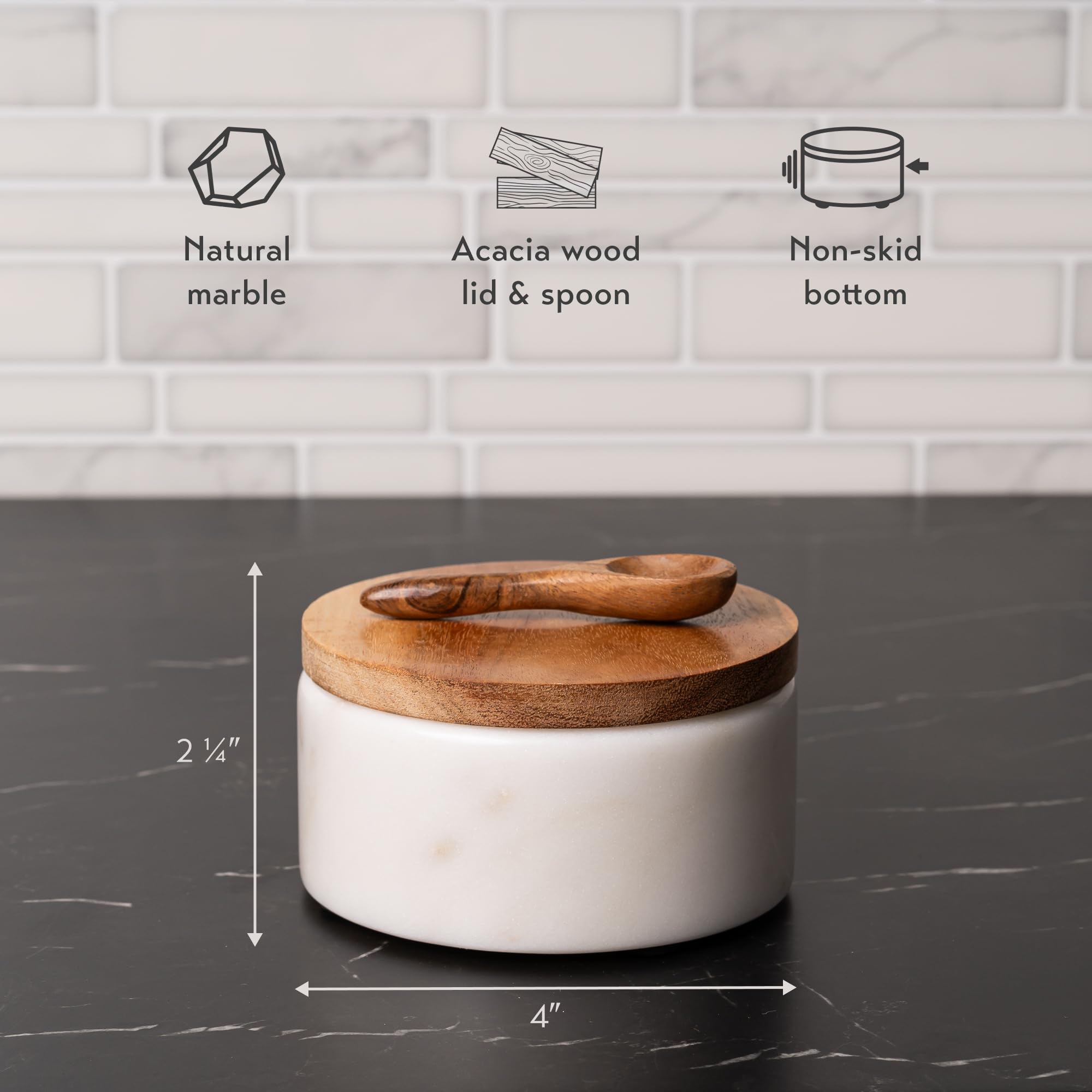 Cork & Mill wide-4in opening salt cellar on countertop for easy seasoning.