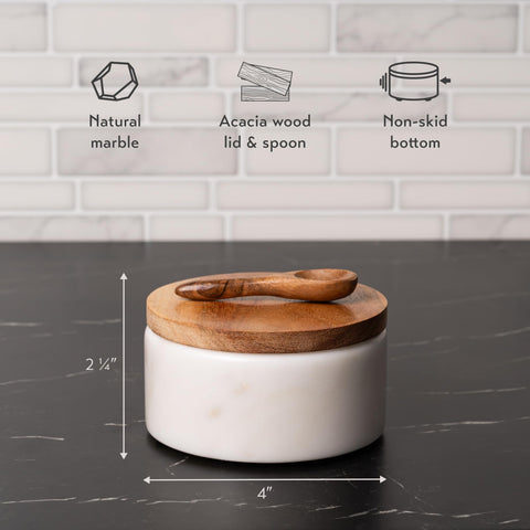 Cork & Mill wide-4in opening salt cellar on countertop for easy seasoning.
