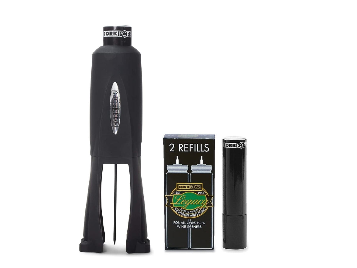 Cork Pops Legacy needle-action operation for quick, clean cork removal