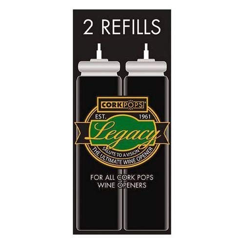 Cork Pops refill cartridges for Legacy wine opener; eco-friendly CO2 refills preserve flavor.