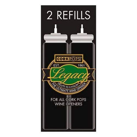 Cork Pops refill cartridges for Legacy wine opener; eco-friendly CO2 refills preserve flavor.