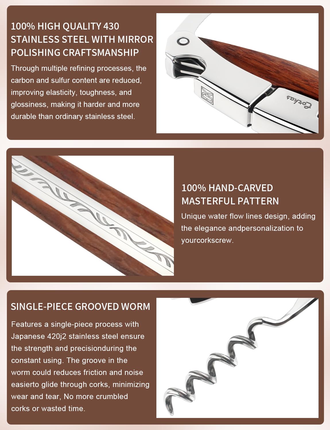 CORKAS Prestige corkscrew with grooved worm for smooth cork extraction.