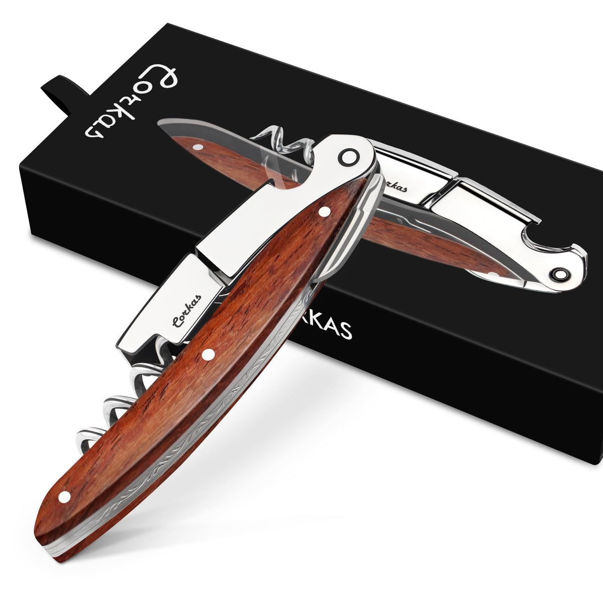 CORKAS Prestige Waiter Corkscrew with rosewood handle for effortless uncorking at the table.