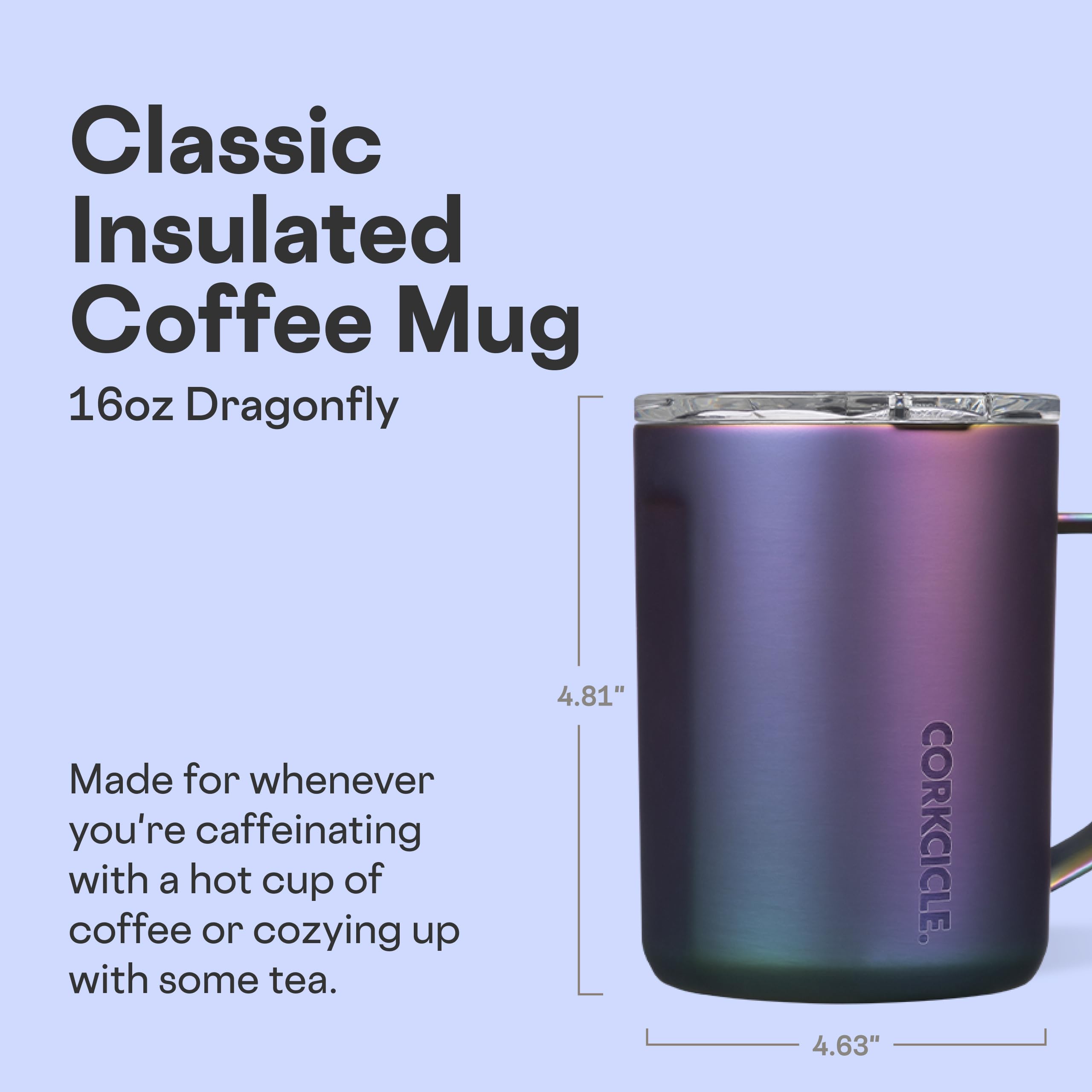Corkcicle Classic Coffee Mug Dragonfly lid highlights spill-resistant design for on-the-go sipping