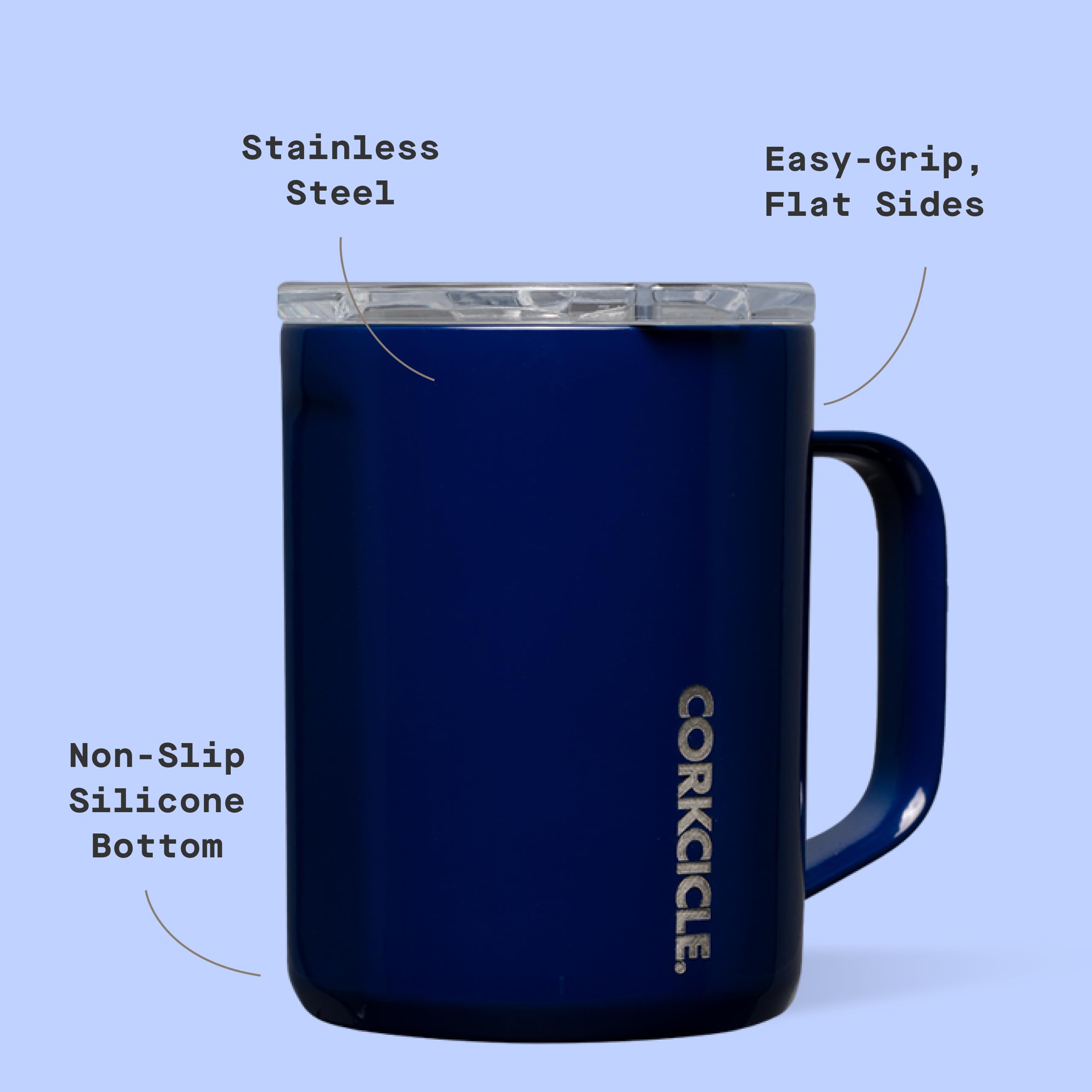 Corkcicle Classic Coffee Mug stay-put silicone bottom reduces slips on slick surfaces.