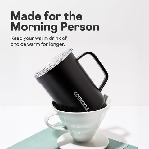 Corkcicle Classic Coffee Mug wide-mouth design for easy sipping.