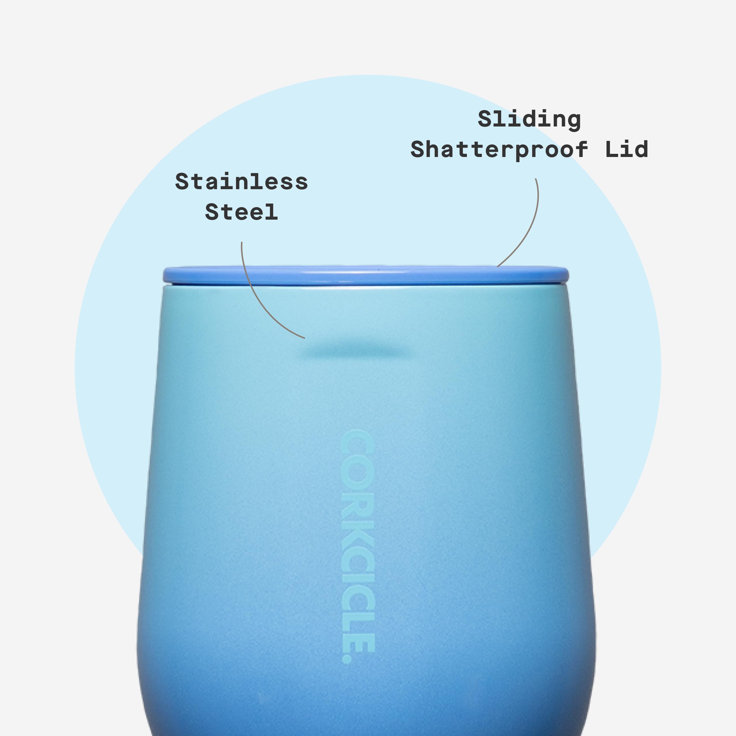 Corkcicle tumbler includes a sliding lid to prevent spills.