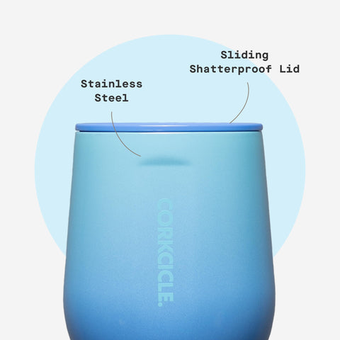 Corkcicle tumbler includes a sliding lid to prevent spills.