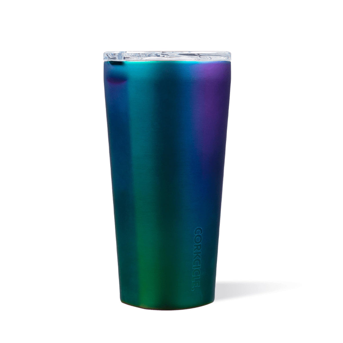 Corkcicle Classic Dragonfly 16oz tumbler, side view, durable steel keeps drinks cold.