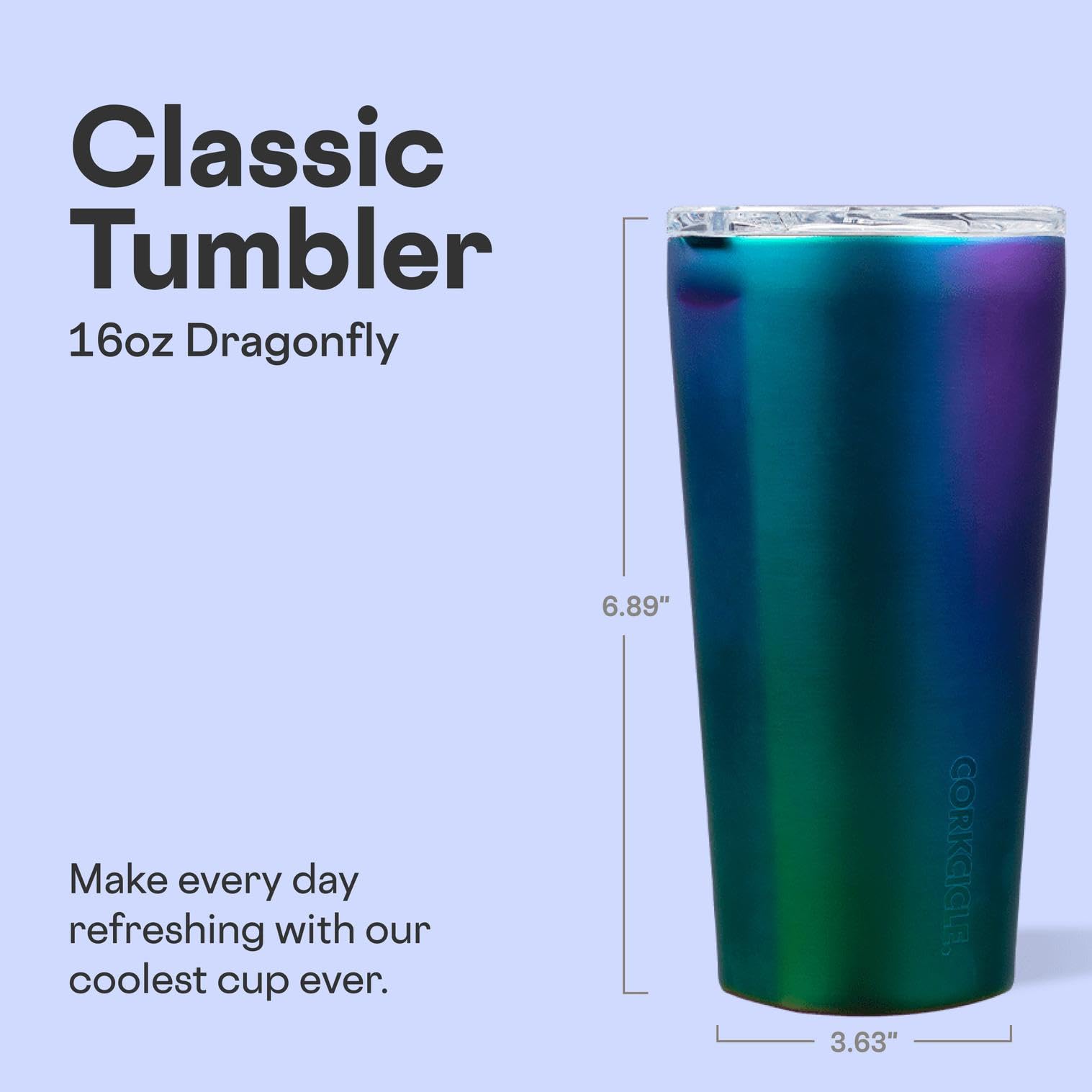 Corkcicle Classic Dragonfly 16oz tumbler with thermo insulation preserves temperature.