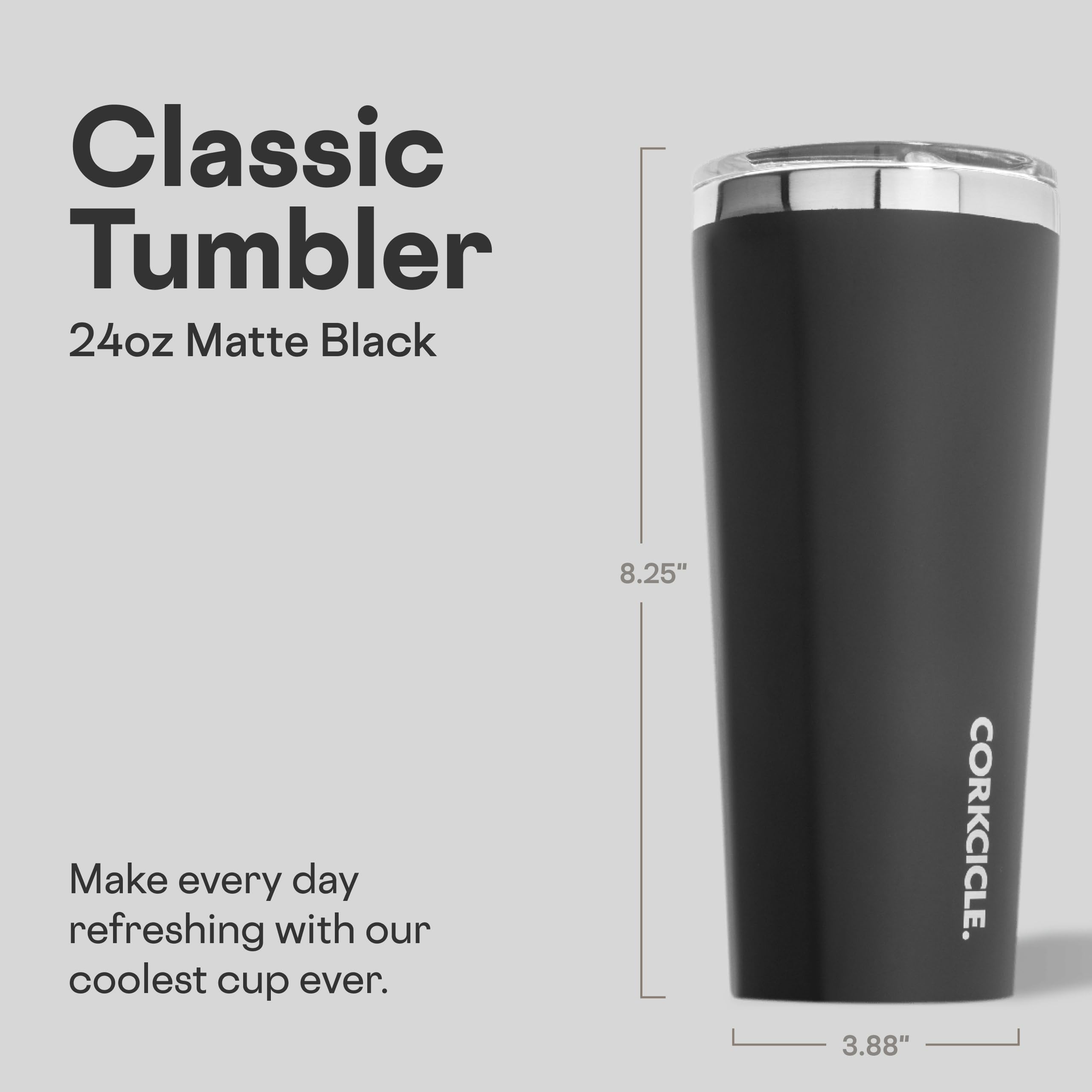 Corkcicle Classic Tumbler matte black close up shows sleek finish for travel