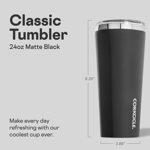 Corkcicle Classic Tumbler matte black close up shows sleek finish for travel