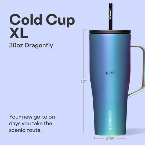 Corkcicle Cold Cup XL side view shows ergonomic handle for easy grip during travel.