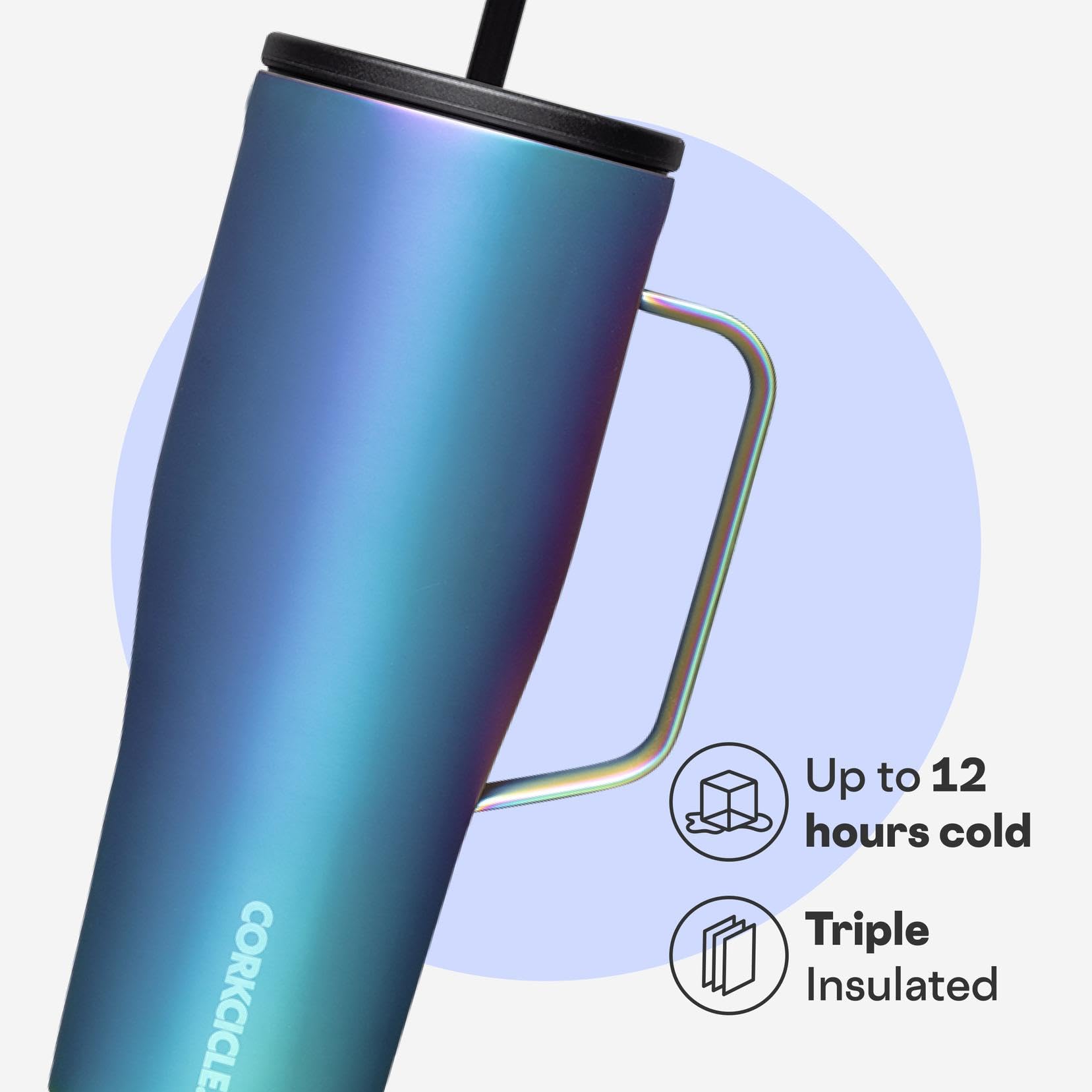 Corkcicle Cold Cup XL lid close-up demonstrates spill-proof design for on-the-go.