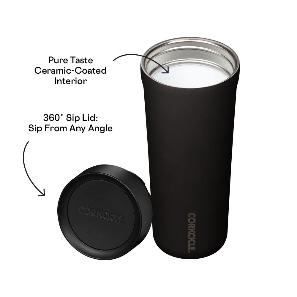 Corkcicle Commuter Cup 17oz insulated body keeps drinks cold during commutes.