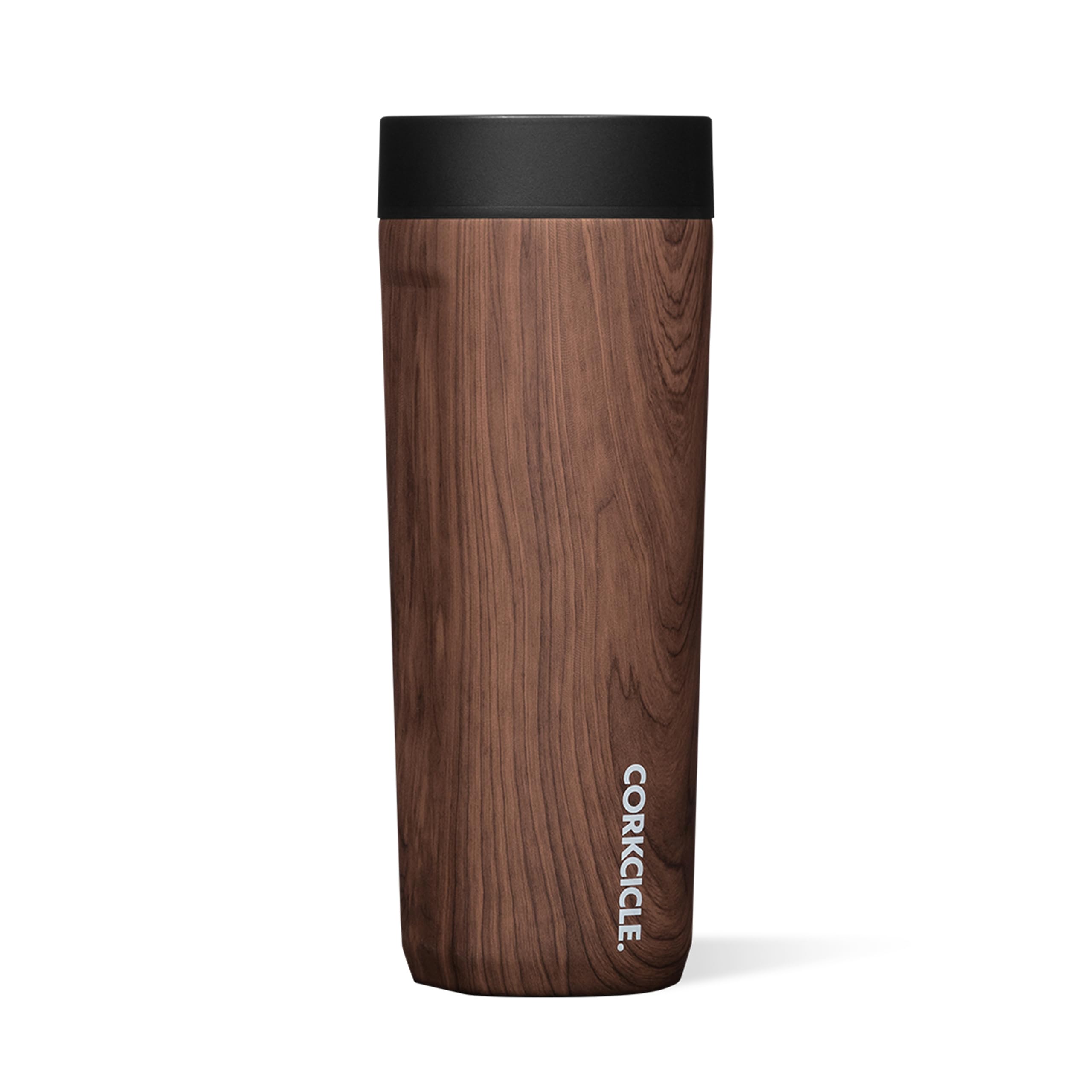 Corkcicle Commuter Cup Walnut World close-up, glossy finish, keeps drinks cold or hot on the move