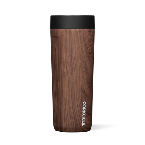 Corkcicle Commuter Cup Walnut World close-up, glossy finish, keeps drinks cold or hot on the move