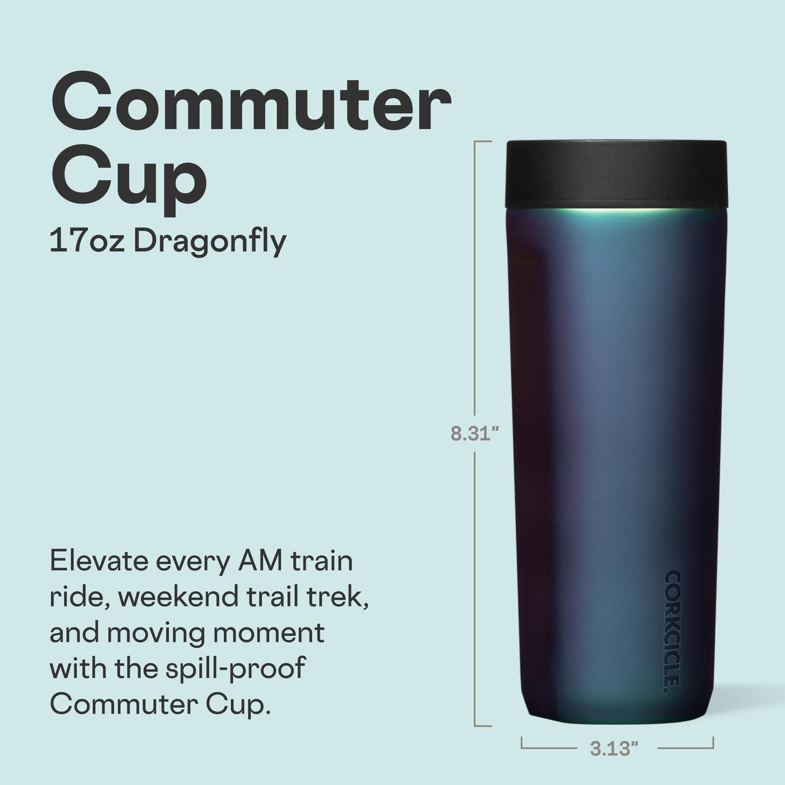 Corkcicle Commuter Cup 360-degree Sip Lid enables spill-free sipping from any angle.