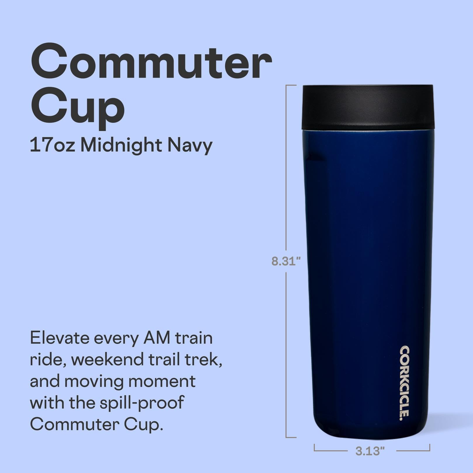 Corkcicle Commuter Cup with 360-degree sip lid enabling quick, spill-free sipping on the go.