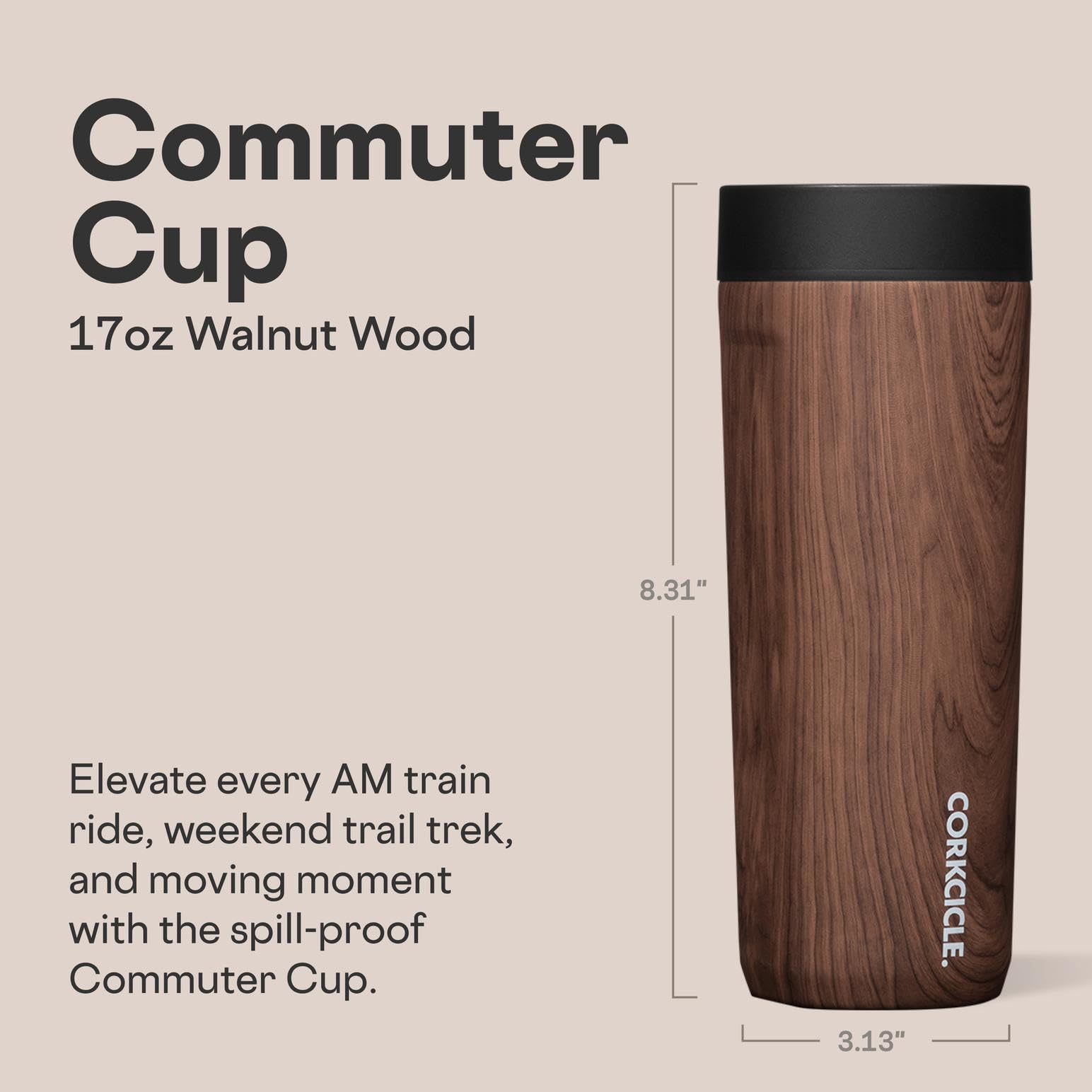 Corkcicle Commuter Cup 360° lid demonstrates spill-proof sip from any angle