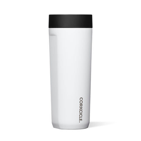 Corkcicle Commuter Cup gloss white front view highlights portable daily use
