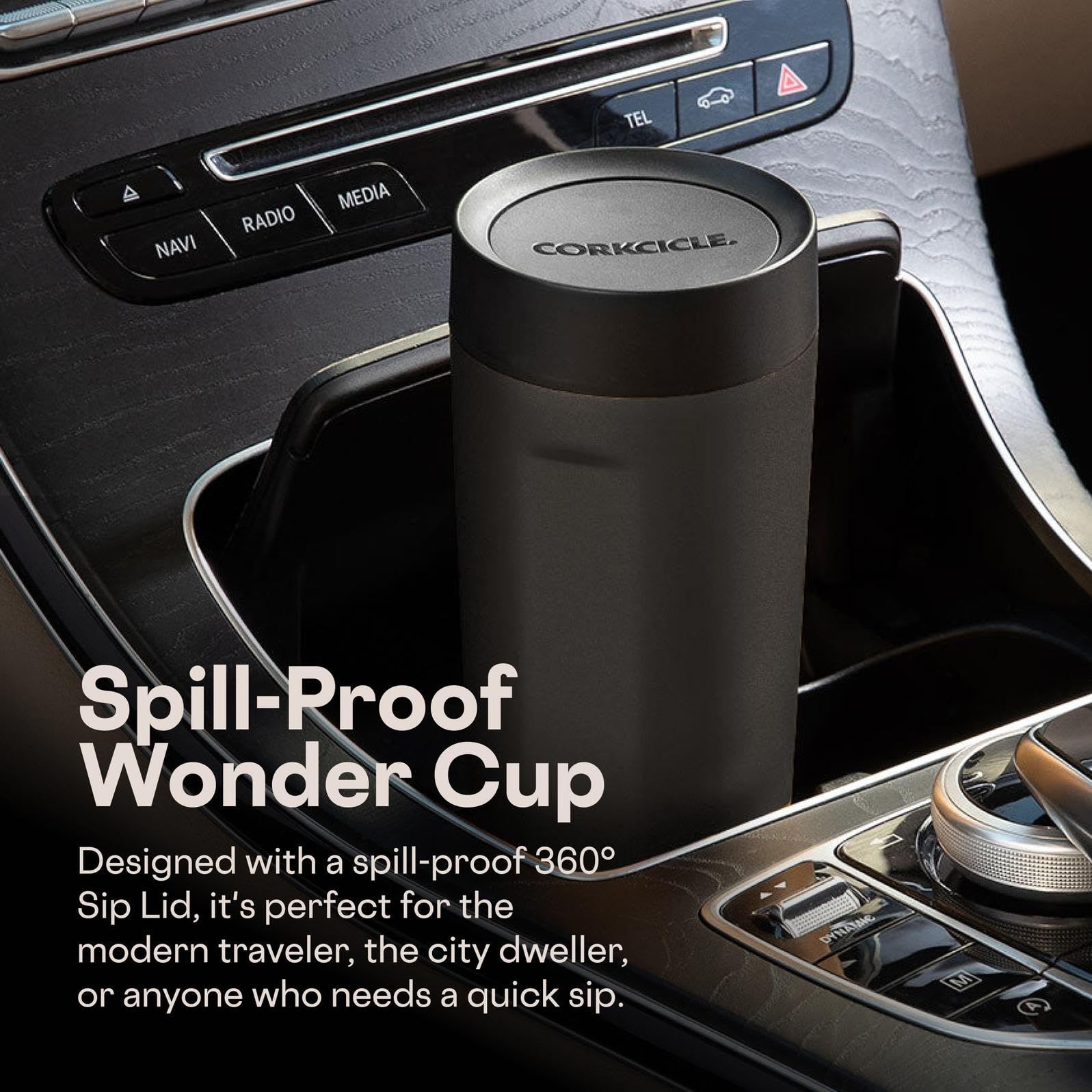 Corkcicle Commuter Cup in dragonfly color pairs with a modern bag.