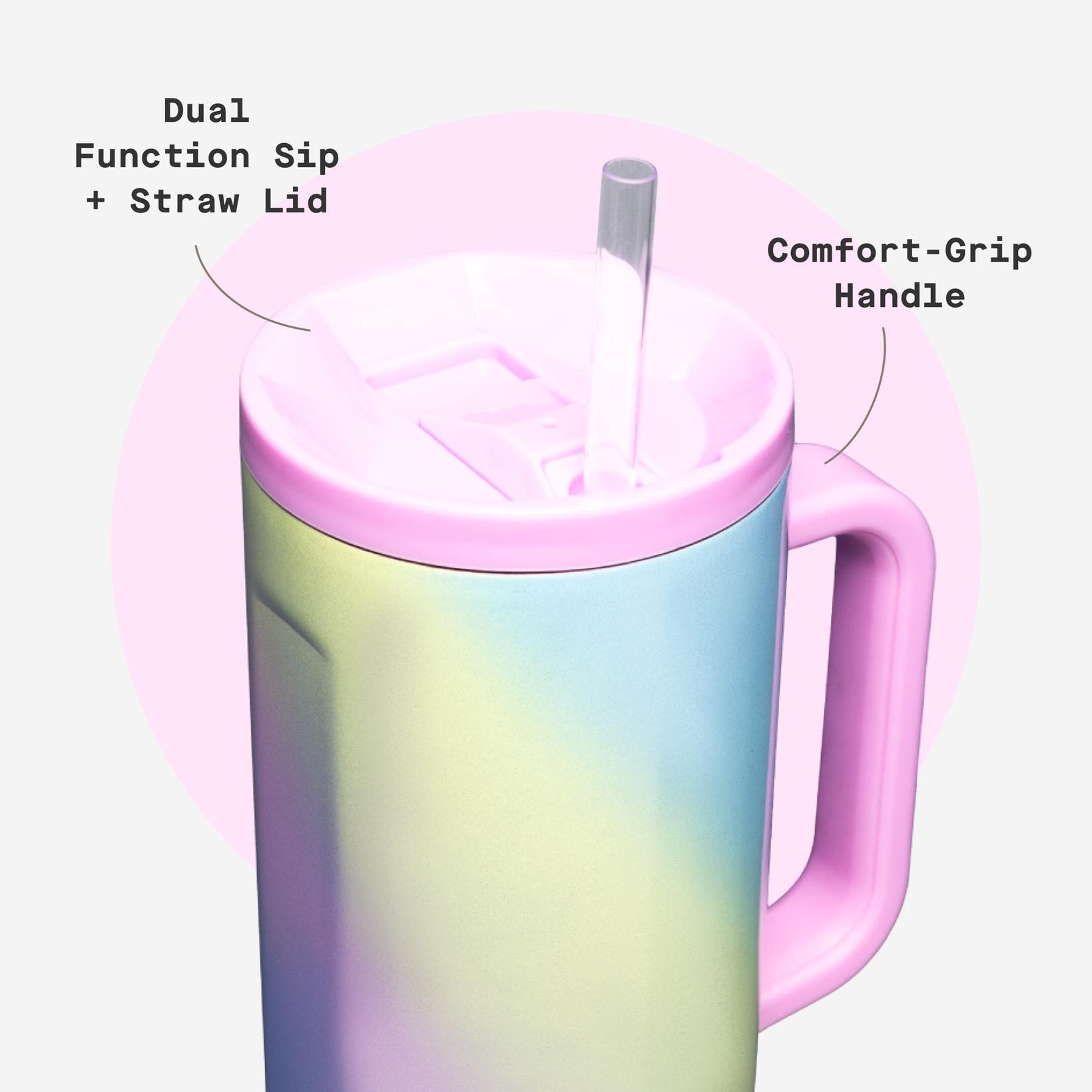 Corkcicle Cruiser 40 oz Rainbow Unicorn dishwasher-safe tag for easy cleanup