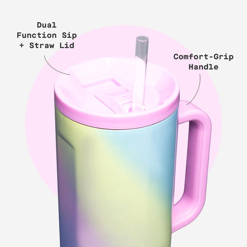 Corkcicle Cruiser 40 oz Rainbow Unicorn dishwasher-safe tag for easy cleanup