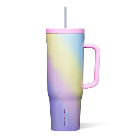 Corkcicle Cruiser 40 oz Rainbow Unicorn front view shows bold color and portability for on the go hydration