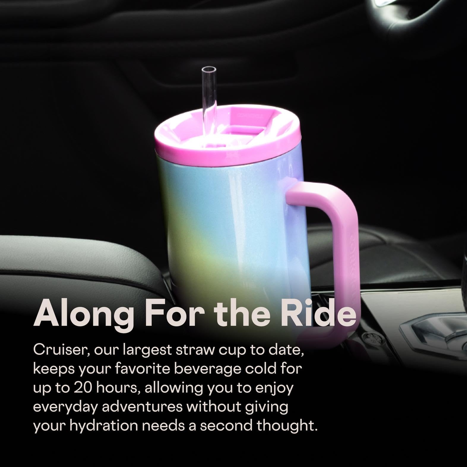 Corkcicle Cruiser 40 oz Rainbow Unicorn in use on the go during daily activities