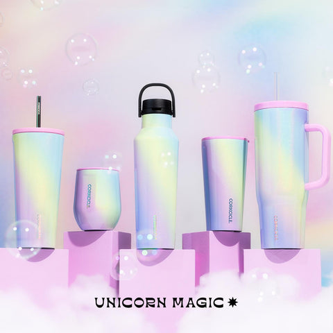 Corkcicle Cruiser 40 oz Rainbow Unicorn rainbow finish closeup showcases vibrant styling