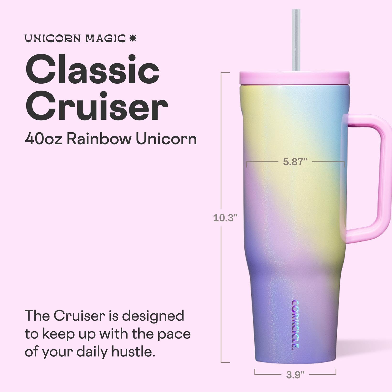 Corkcicle Cruiser 40 oz Rainbow Unicorn side hold highlights easy grip for travel