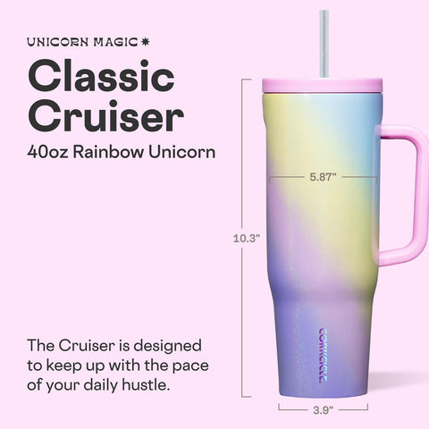 Corkcicle Cruiser 40 oz Rainbow Unicorn side hold highlights easy grip for travel