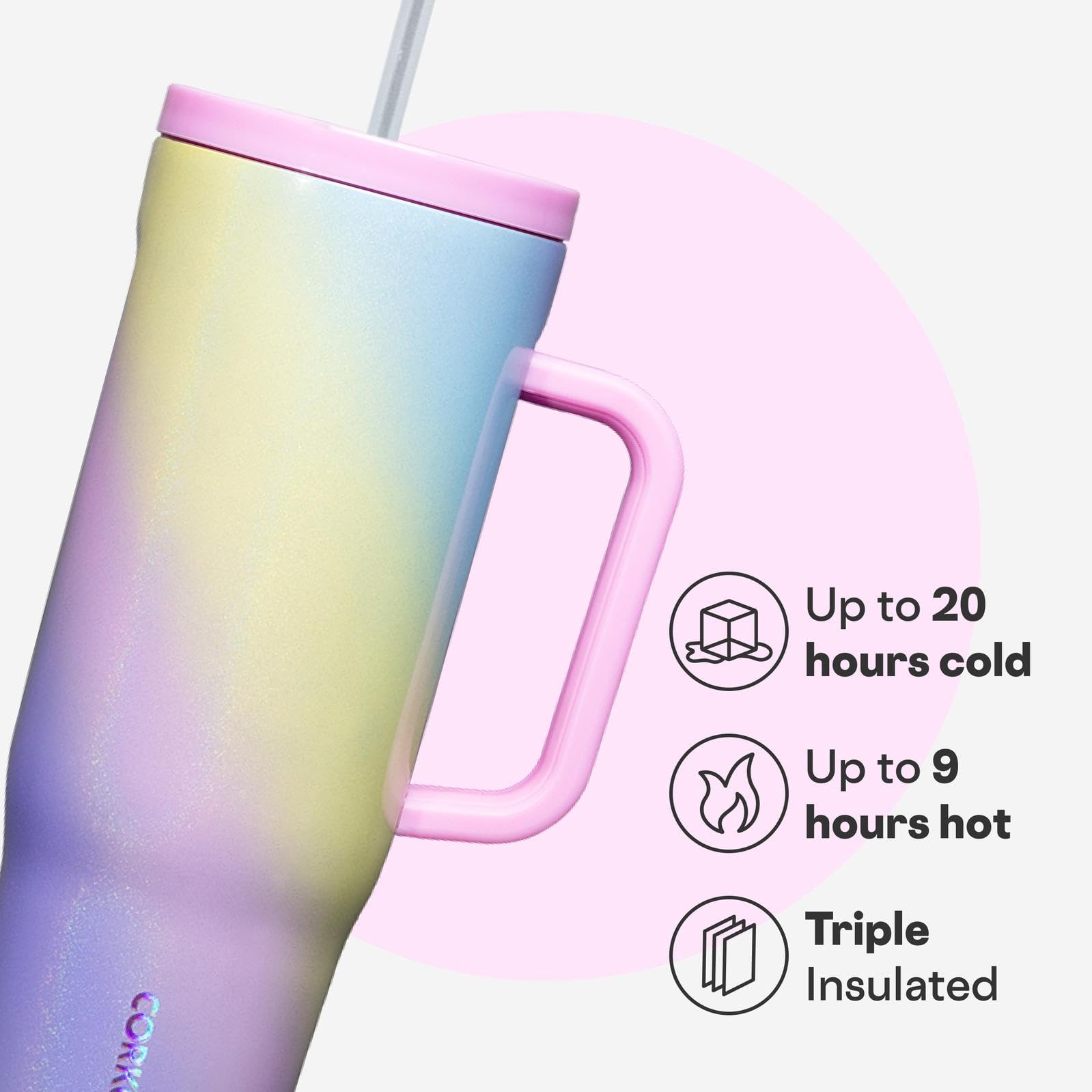 Corkcicle Cruiser 40 oz Rainbow Unicorn spill-proof lid keeps spills to a minimum during transit
