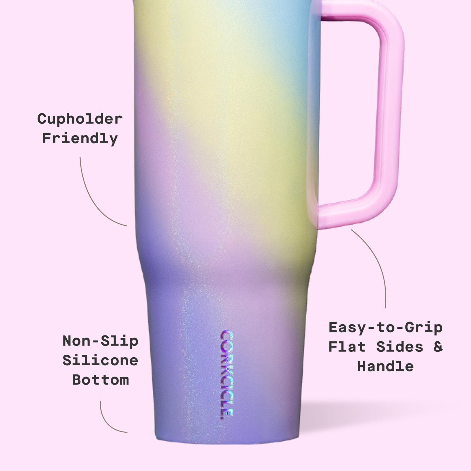 Corkcicle Cruiser 40 oz Rainbow Unicorn stainless steel body emphasizes durable BPA-free construction