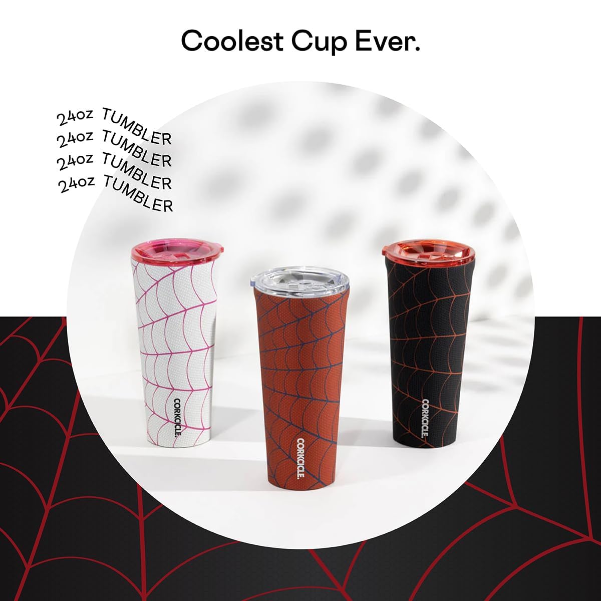 Corkcicle Marvel Tumbler Miles Morales grip-angled shot for easy handling
