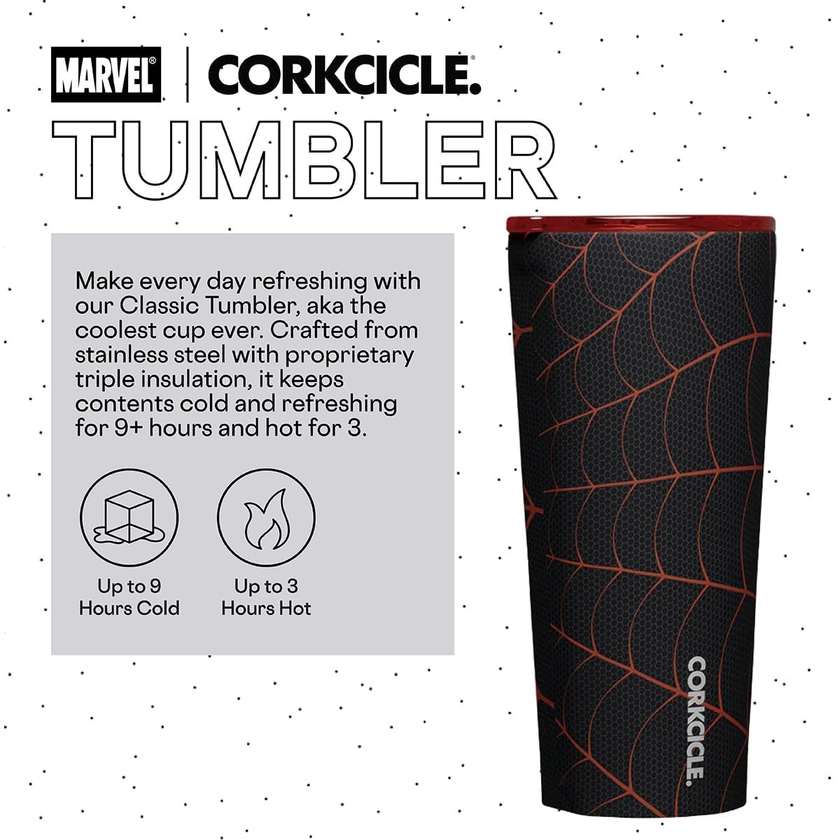 Corkcicle Marvel Tumbler Miles Morales lid close-up showing leak-resistant design