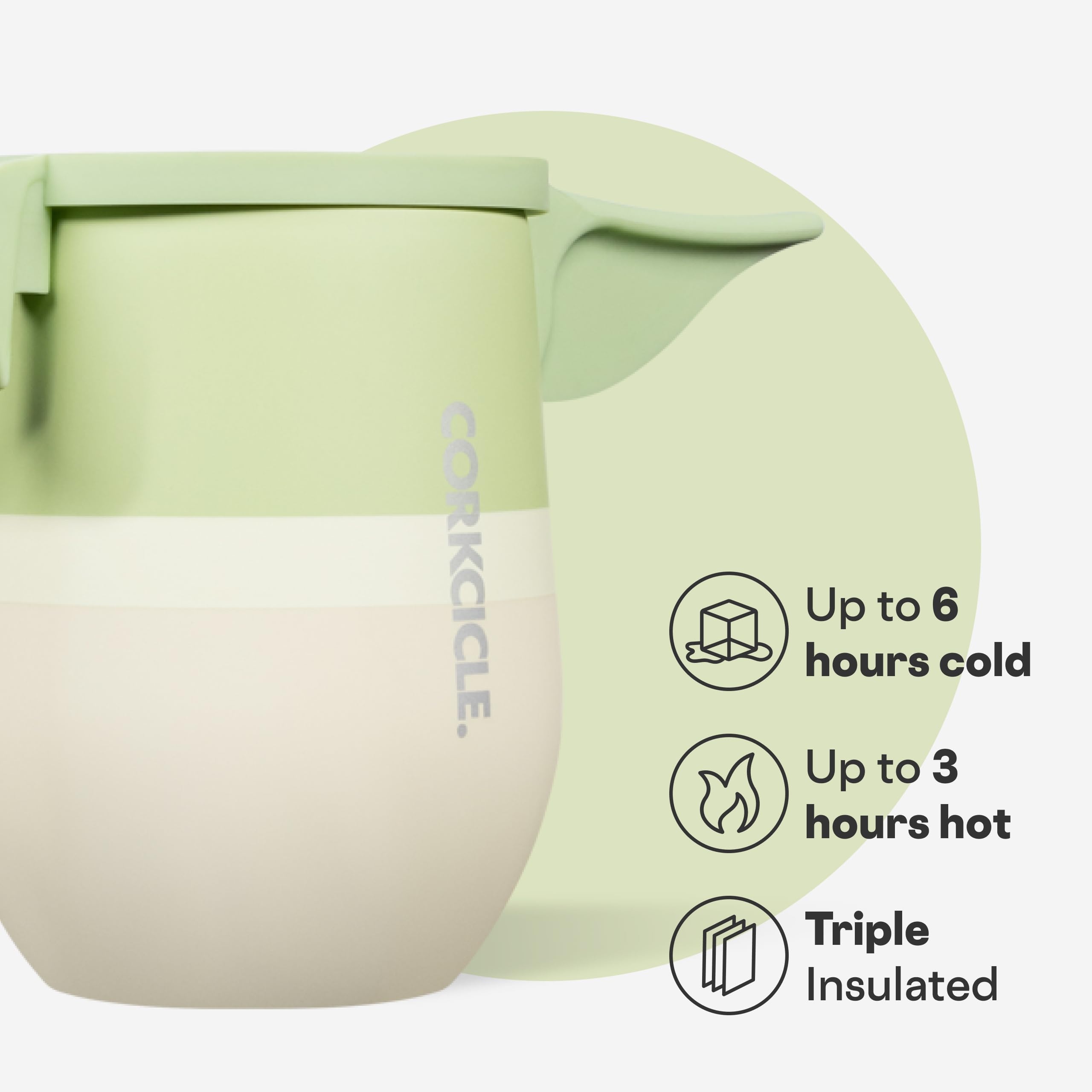 Stainless steel Corkcicle tumbler with easy-grip flat sides.