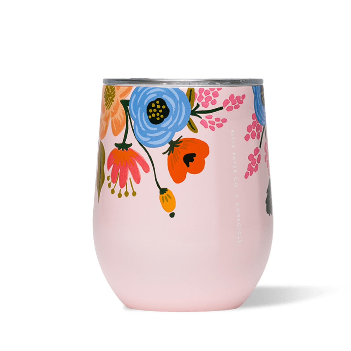 Corkcicle stemless tumbler close-up shows blush lively floral design for stylish hydration on the go.