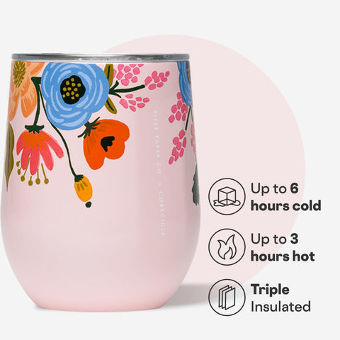 Corkcicle 12oz tumbler with blush floral design ideal for wine or water.
