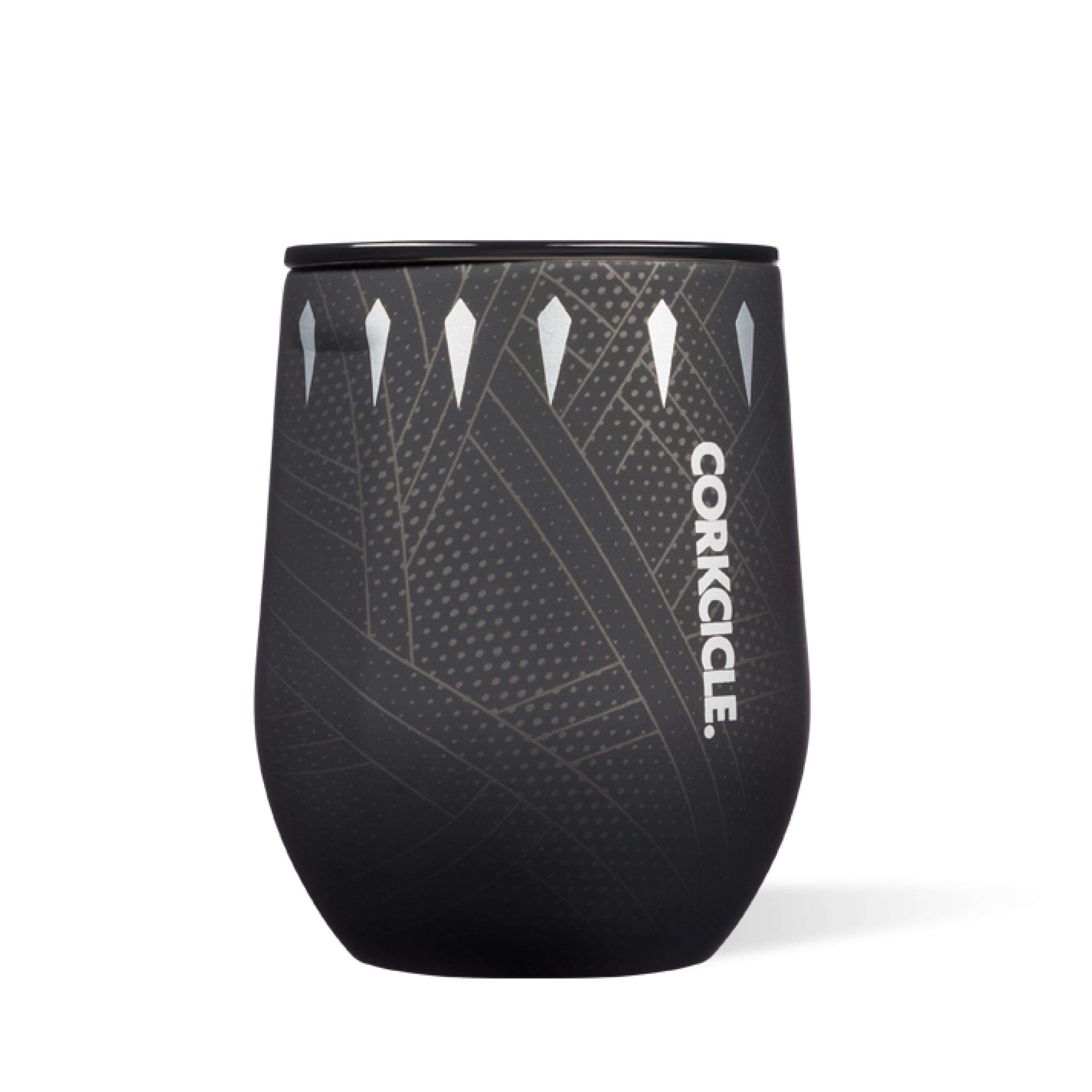 Corkcicle stemless 12oz Black Panther front view shows sleek everyday sipping appeal.