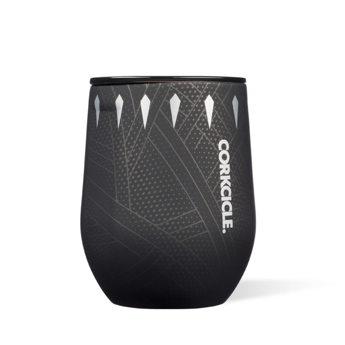 Corkcicle stemless 12oz Black Panther front view shows sleek everyday sipping appeal.