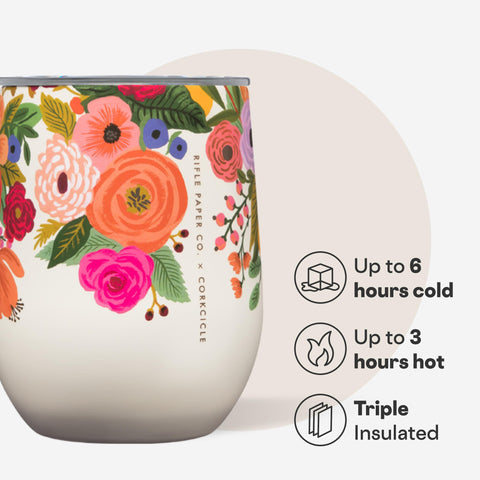 Corkcicle Stemless 12oz keeps beverages cold up to 6 hours.
