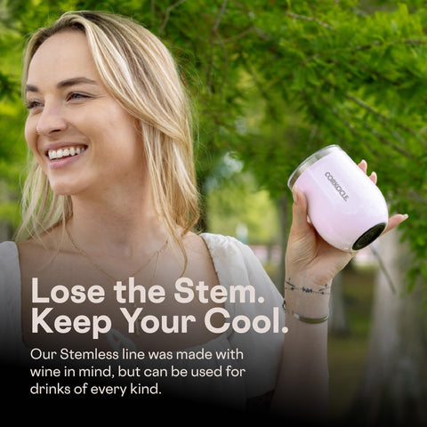 Corkcicle Stemless 12oz top-rack dishwasher-safe for quick cleanup.