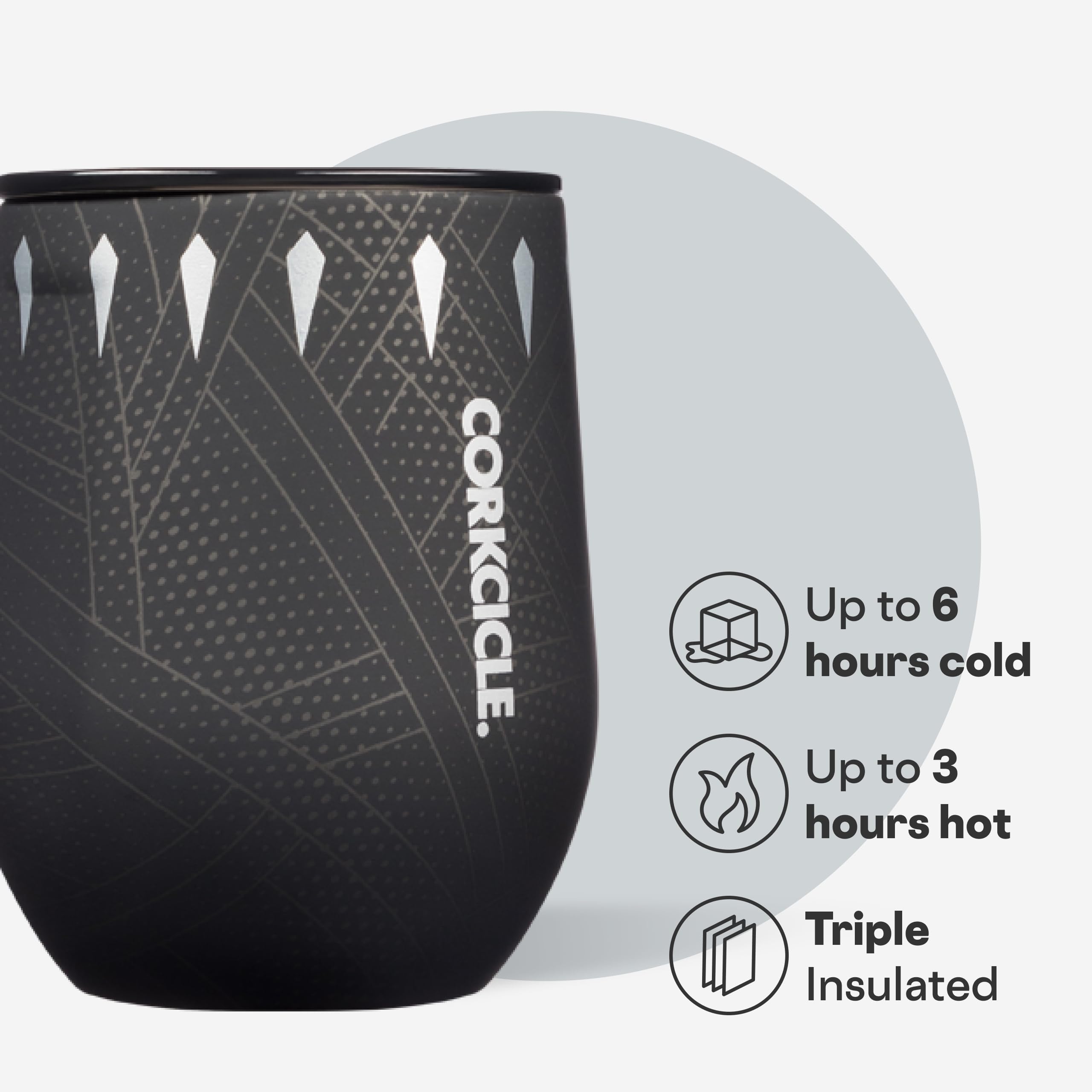 Corkcicle 12oz triple insulated wall maintains cold or hot beverages.