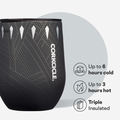 Corkcicle 12oz triple insulated wall maintains cold or hot beverages.
