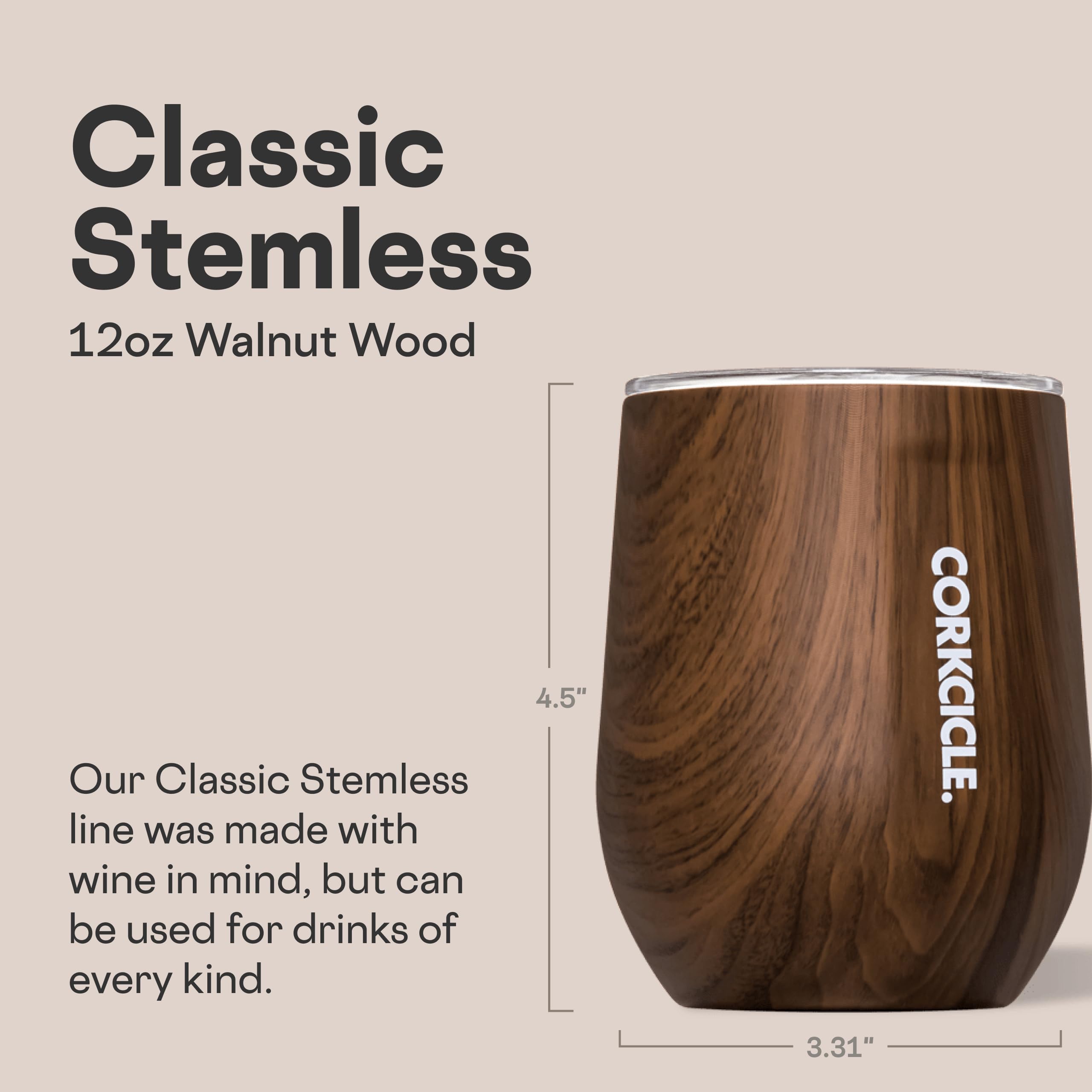 Corkcicle stemless 12oz with easy-grip flat sides for secure handling